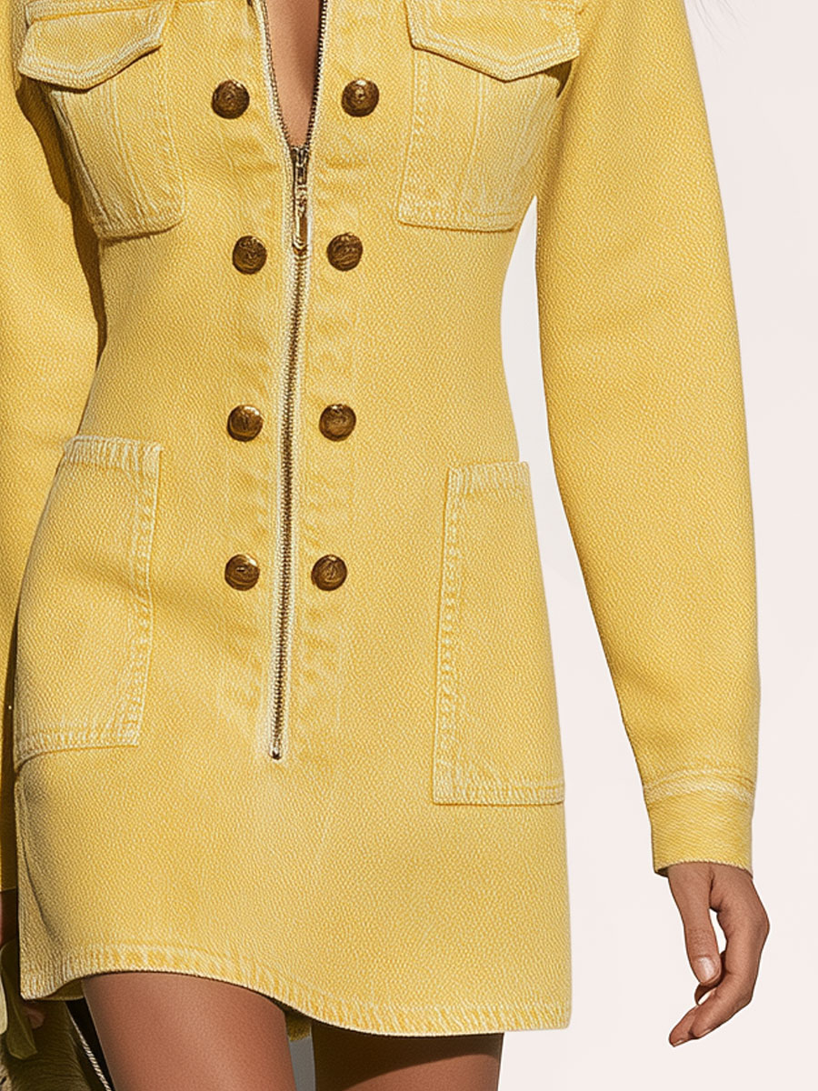 Vintage Yellow Multi-pocket Washed Denim Long-sleeved Mini Dress - By Qivii