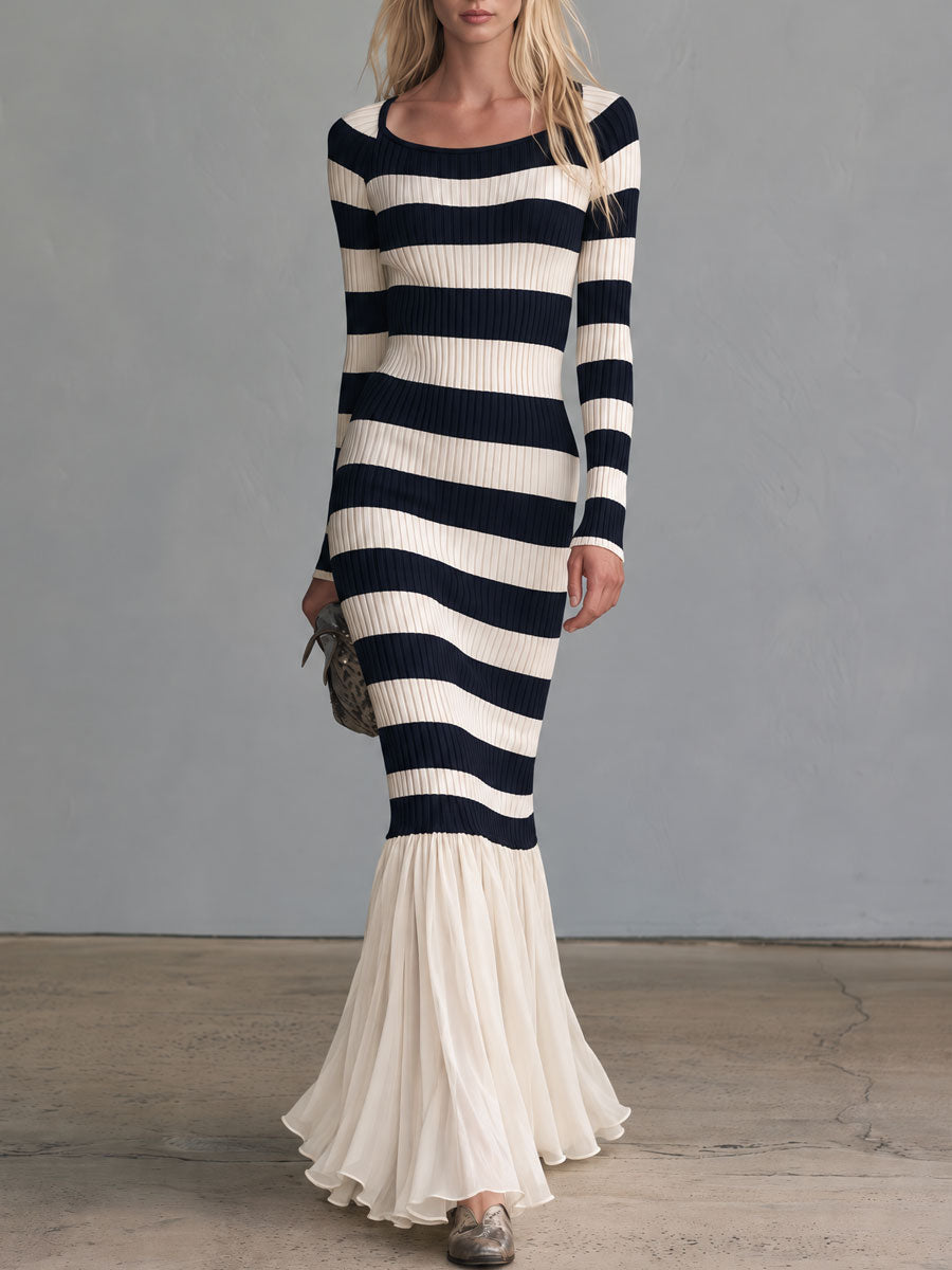 Retro-elegant Blue And White Striped Knit Patchwork Chiffon Ruffled Fishtail Maxi Dress - By Qivii