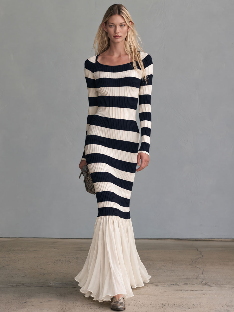 Retro-elegant Blue And White Striped Knit Patchwork Chiffon Ruffled Fishtail Maxi Dress - By Qivii