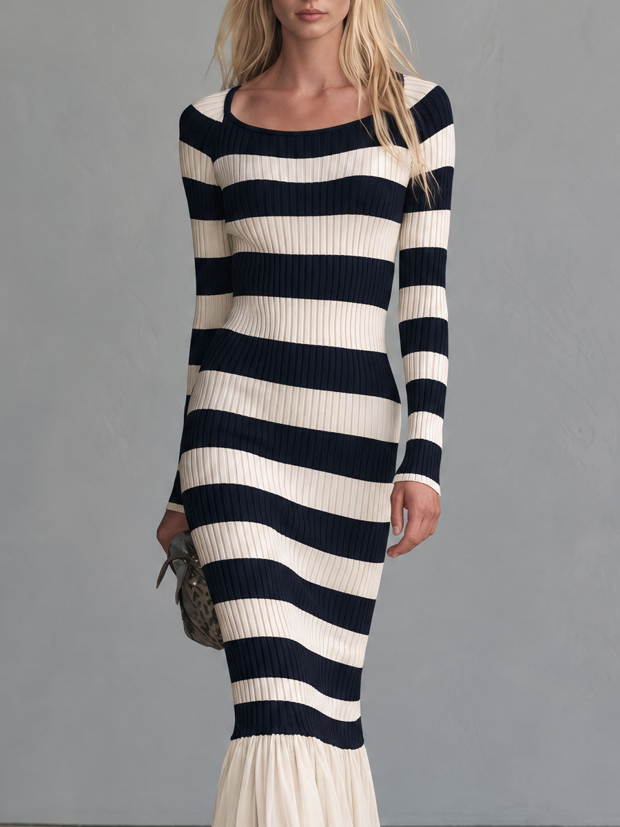 Retro-elegant Blue And White Striped Knit Patchwork Chiffon Ruffled Fishtail Maxi Dress - By Qivii