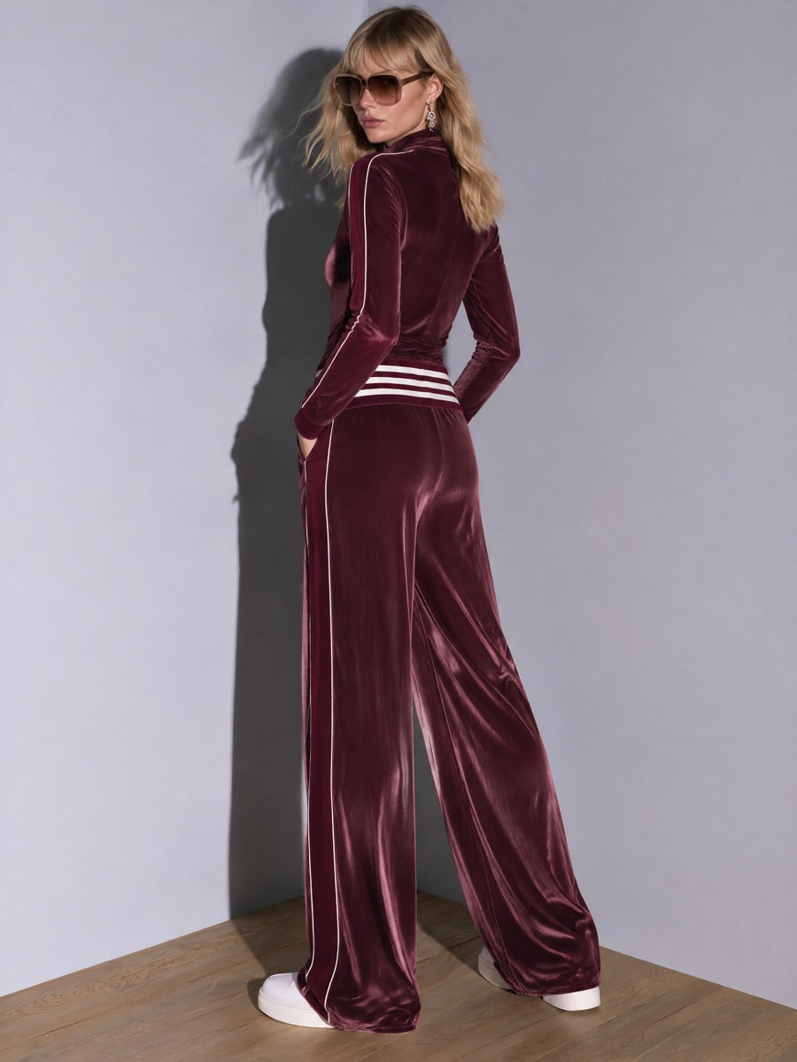 Casual Retro Burgundy Velvet Striped Button-Down Top And Wide-Leg Pants Set - By Qivii