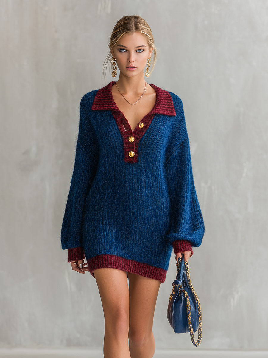 Oversized Contrast Trim Polo Collar Knit Mini Dress - By Qivii
