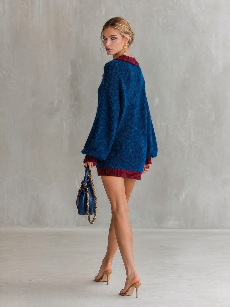 Oversized Contrast Trim Polo Collar Knit Mini Dress - By Qivii