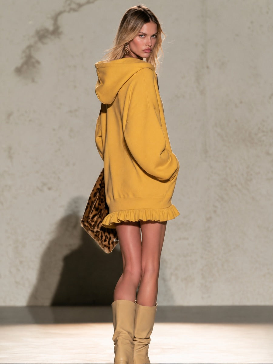Mustard Yellow Half-zip Hooded Sweatshirt Dress Featuring Leopard-print Star Appliqués And A Ruffled Hem - By Qivii