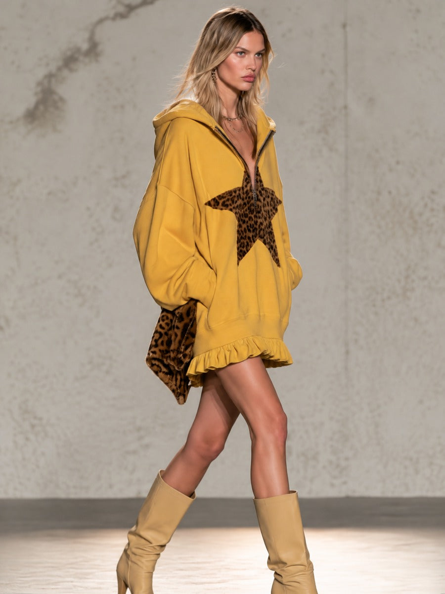 Mustard Yellow Half-zip Hooded Sweatshirt Dress Featuring Leopard-print Star Appliqués And A Ruffled Hem - By Qivii