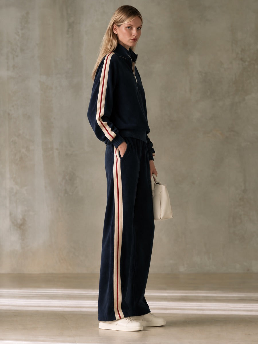 Sporty Retro Color-blocked Navy Blue Fleece Blend Top And Pants Set - By Qivii