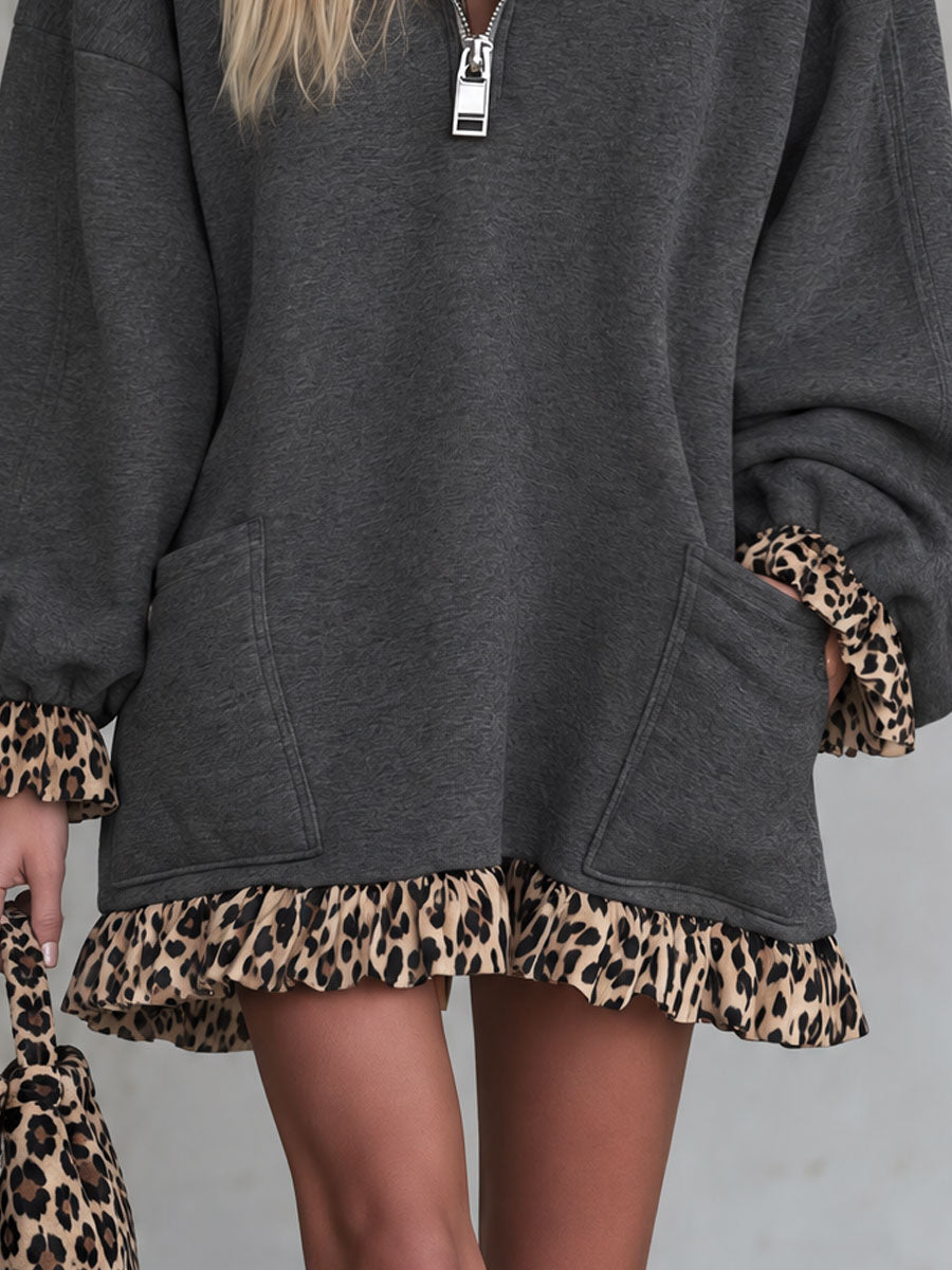 Brown leopard print mini dress with ruffled gray cotton collar and casual style, by Oyrosy Clothing, for women.