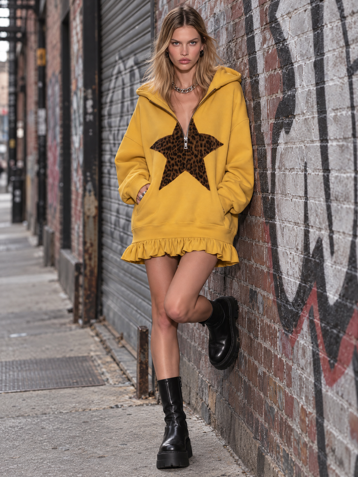 Mustard Yellow Half-zip Hooded Sweatshirt Dress Featuring Leopard-print Star Appliqués And A Ruffled Hem - By Qivii