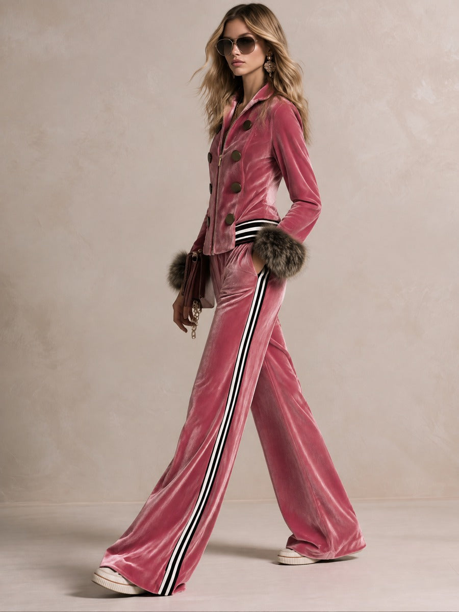 Retro Glam Pink Velvet Faux-Fur Cuff Zip-Up Top Side-Stripe Wide-Leg Pants Set - By Qivii