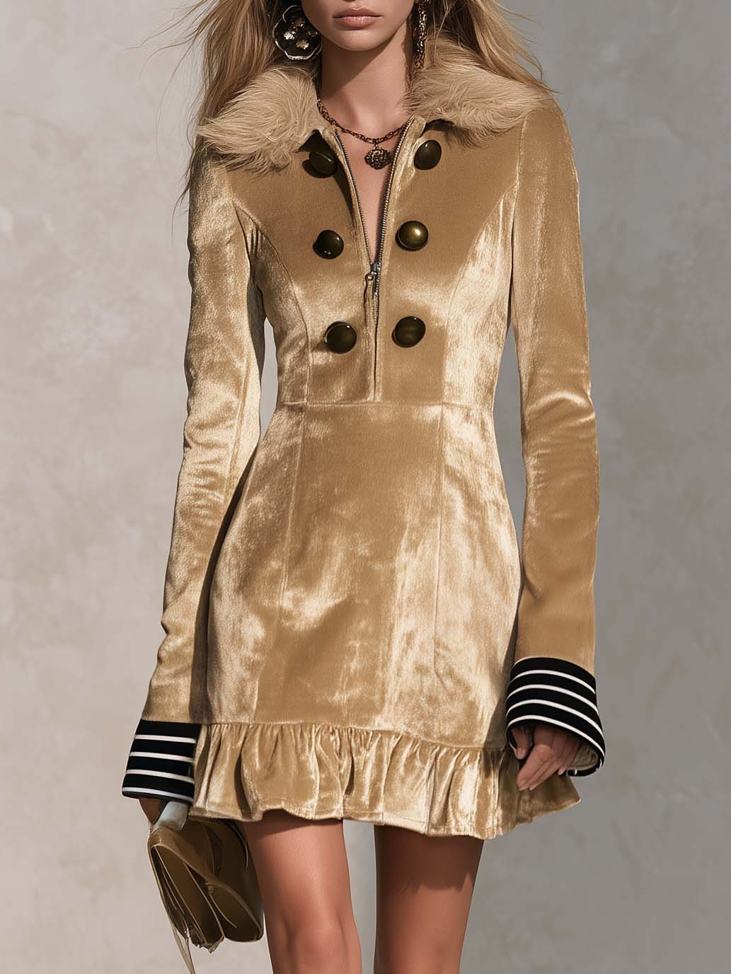 Urban Retro Gold Velvet Faux Fur Collar Ruffle Hem Long Sleeve Mini Dress - By Qivii