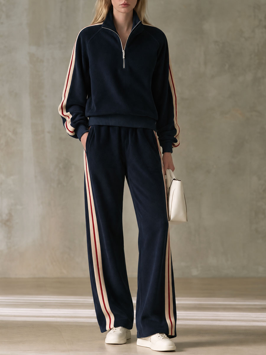 Sporty Retro Color-blocked Navy Blue Fleece Blend Top And Pants Set - By Qivii