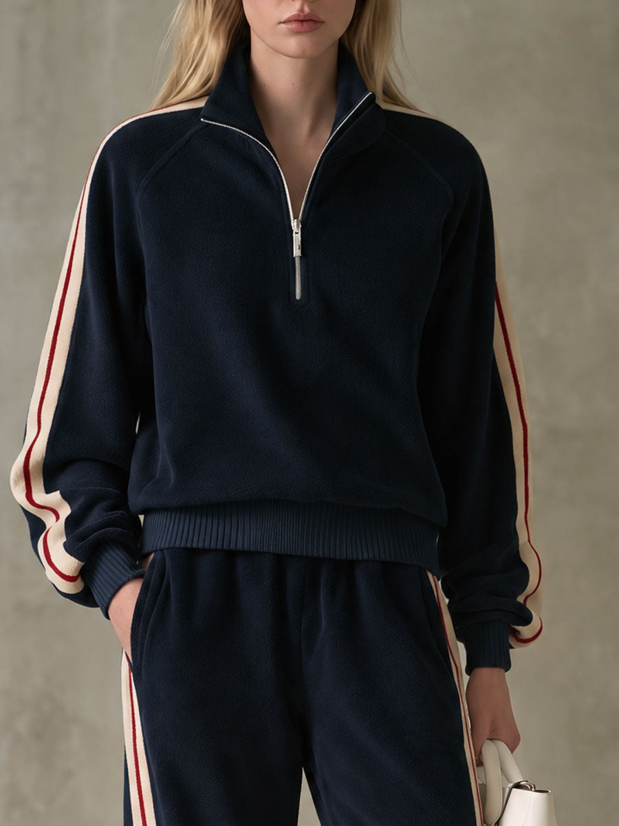 Sporty Retro Color-blocked Navy Blue Fleece Blend Top And Pants Set - By Qivii
