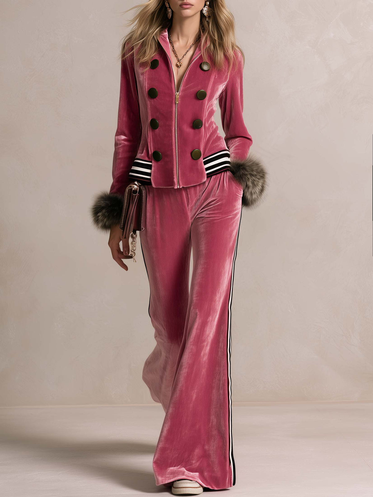 Retro Glam Pink Velvet Faux-Fur Cuff Zip-Up Top Side-Stripe Wide-Leg Pants Set - By Qivii