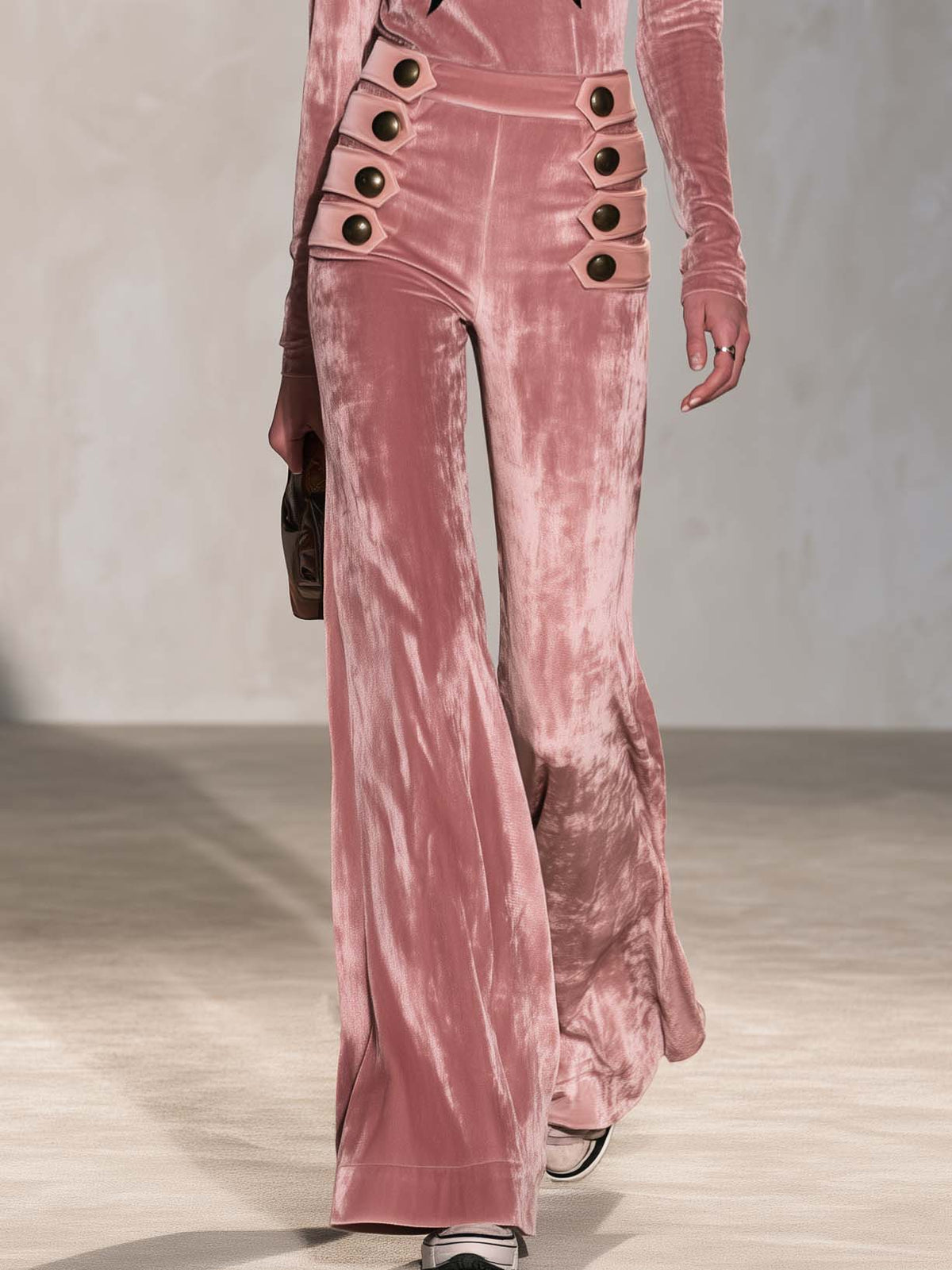 Retro Pink Star Turtleneck Sailor Button Flare Pants Velvet Two-Piece Set - By Qivii