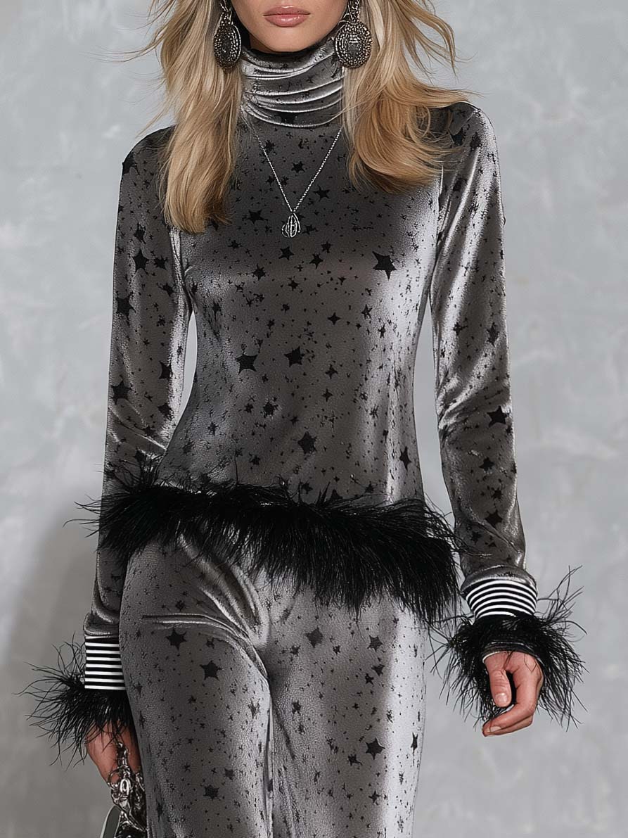 Retro Glam Star Print Grey Velvet Feather Trim Turtleneck Wide-Leg Pants Set - By Qivii