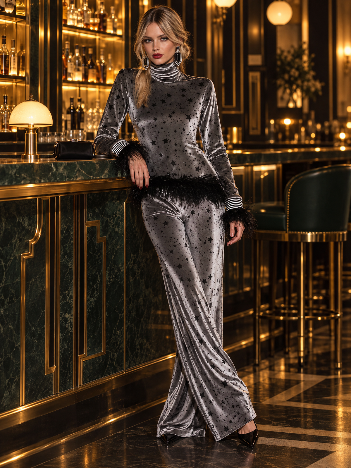 Retro Glam Star Print Grey Velvet Feather Trim Turtleneck Wide-Leg Pants Set - By Qivii