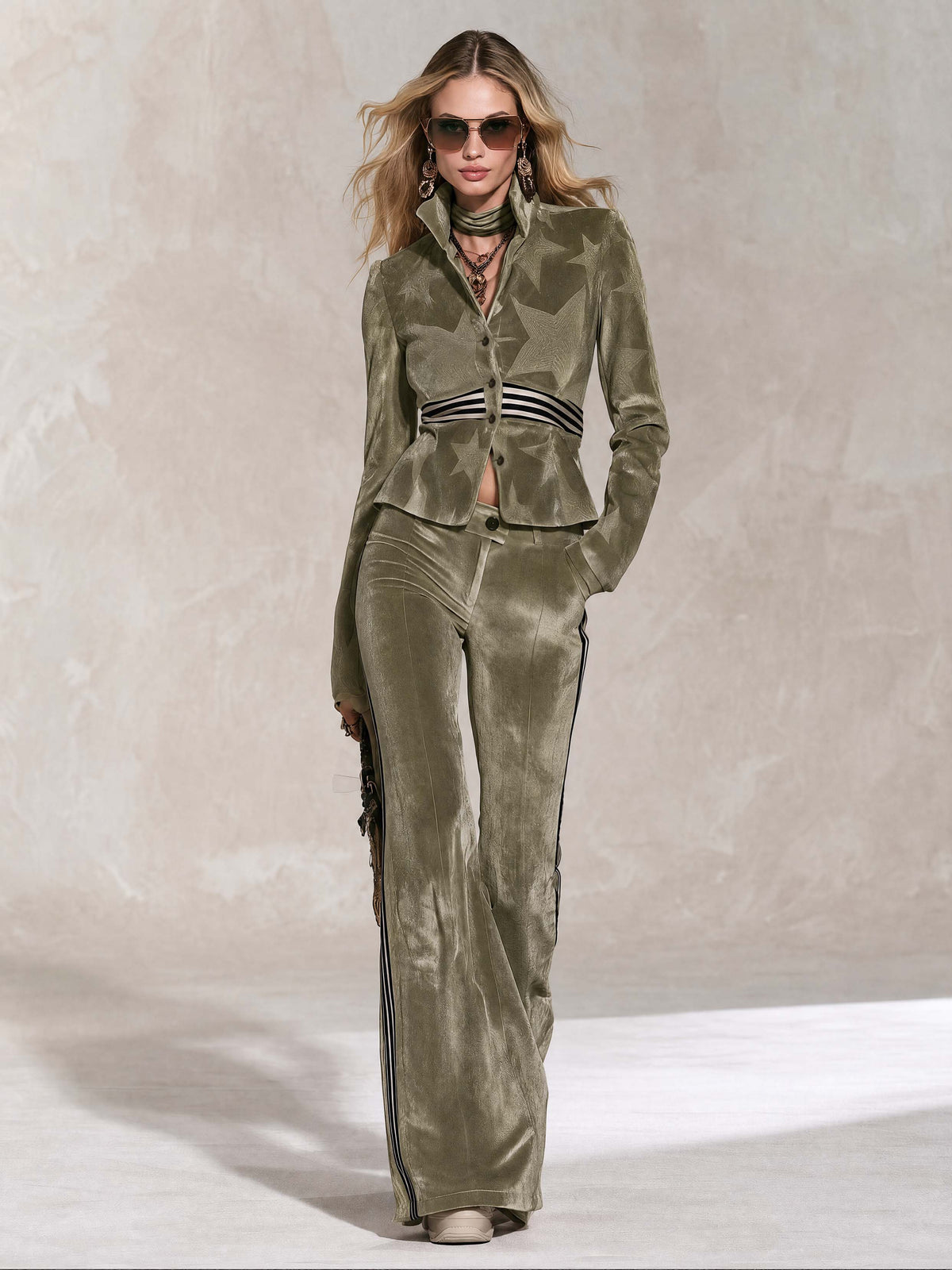 Retro Sporty Olive Star Velvet Peplum Jacket Side Stripe Flare Pants Set - By Qivii