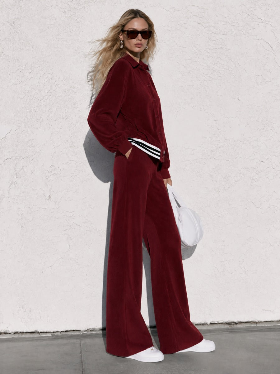 Women's Burgundy Velvet Baseball Striped Jacket And Wide-leg Pants Set - By Qivii
