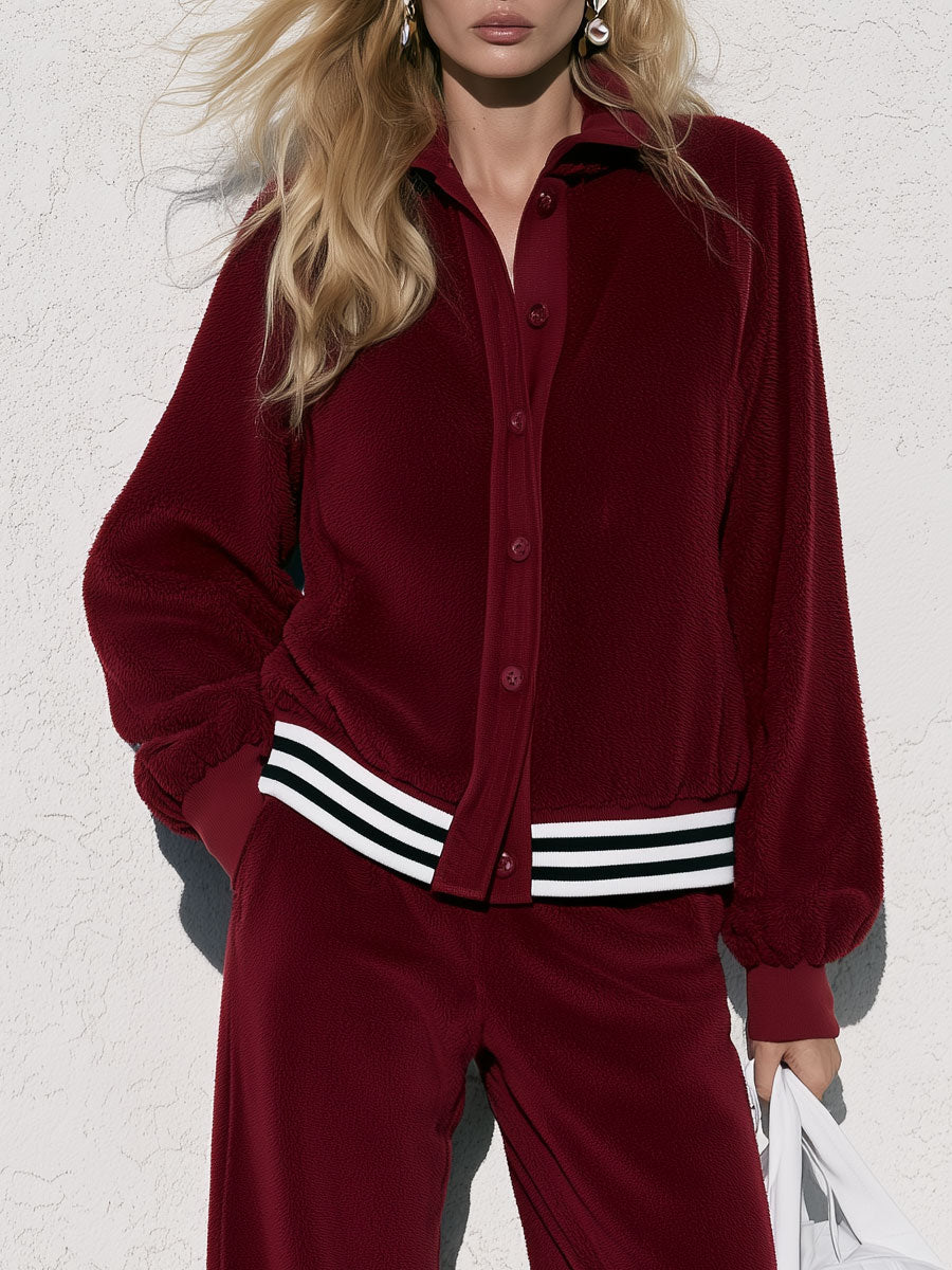 Women's Burgundy Velvet Baseball Striped Jacket And Wide-leg Pants Set - By Qivii