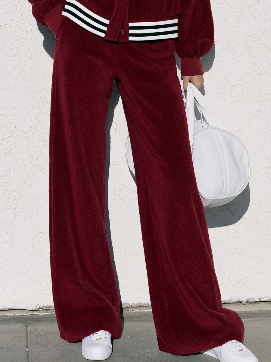 Women's Burgundy Velvet Baseball Striped Jacket And Wide-leg Pants Set - By Qivii