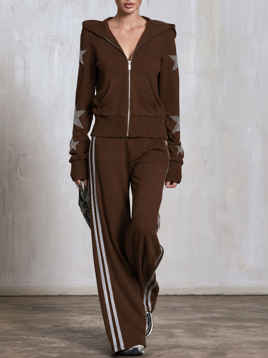 Casual Sporty Retro Silver Rhinestone And Trim Brown Zip-Up Sweatshirt And Pants Set - By Qivii