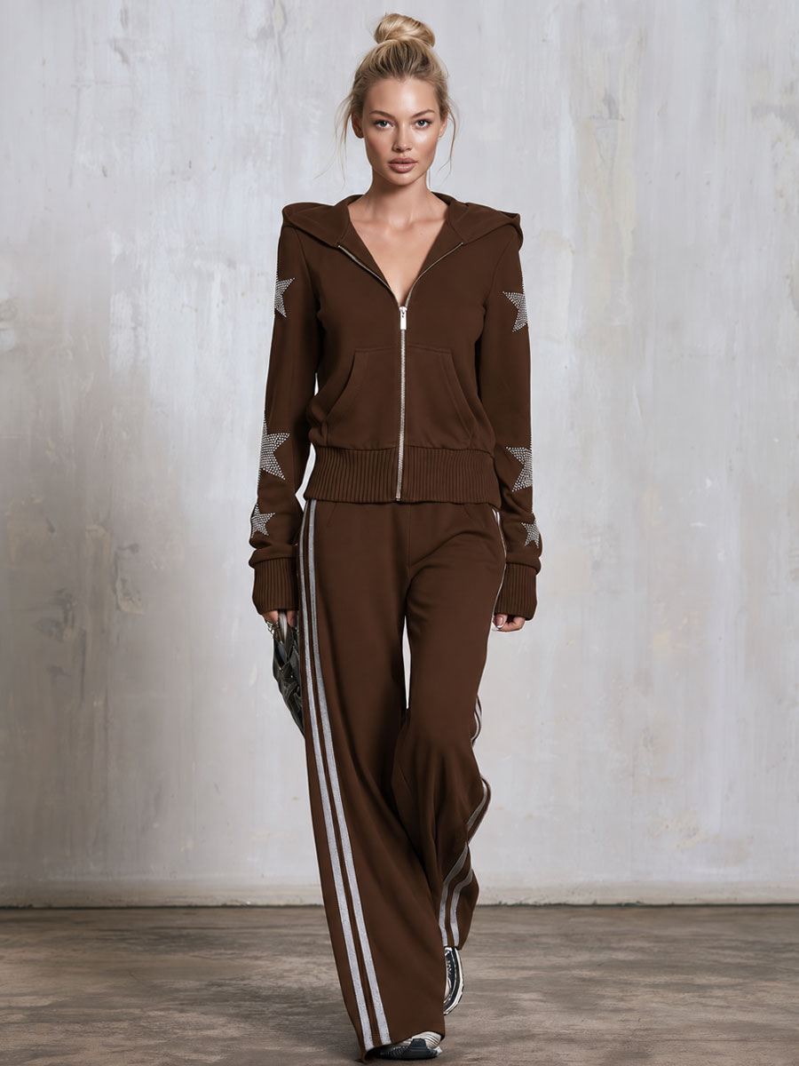 Casual Sporty Retro Silver Rhinestone And Trim Brown Zip-Up Sweatshirt And Pants Set - By Qivii