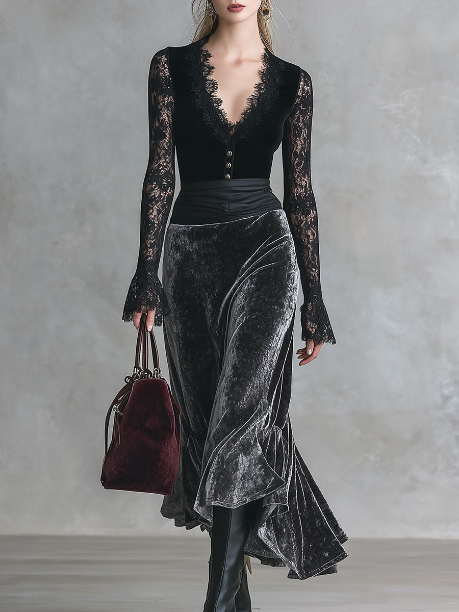 Elegant Party Black Lace And Grey Velvet Patchwork Maxi Dress - By Qivii