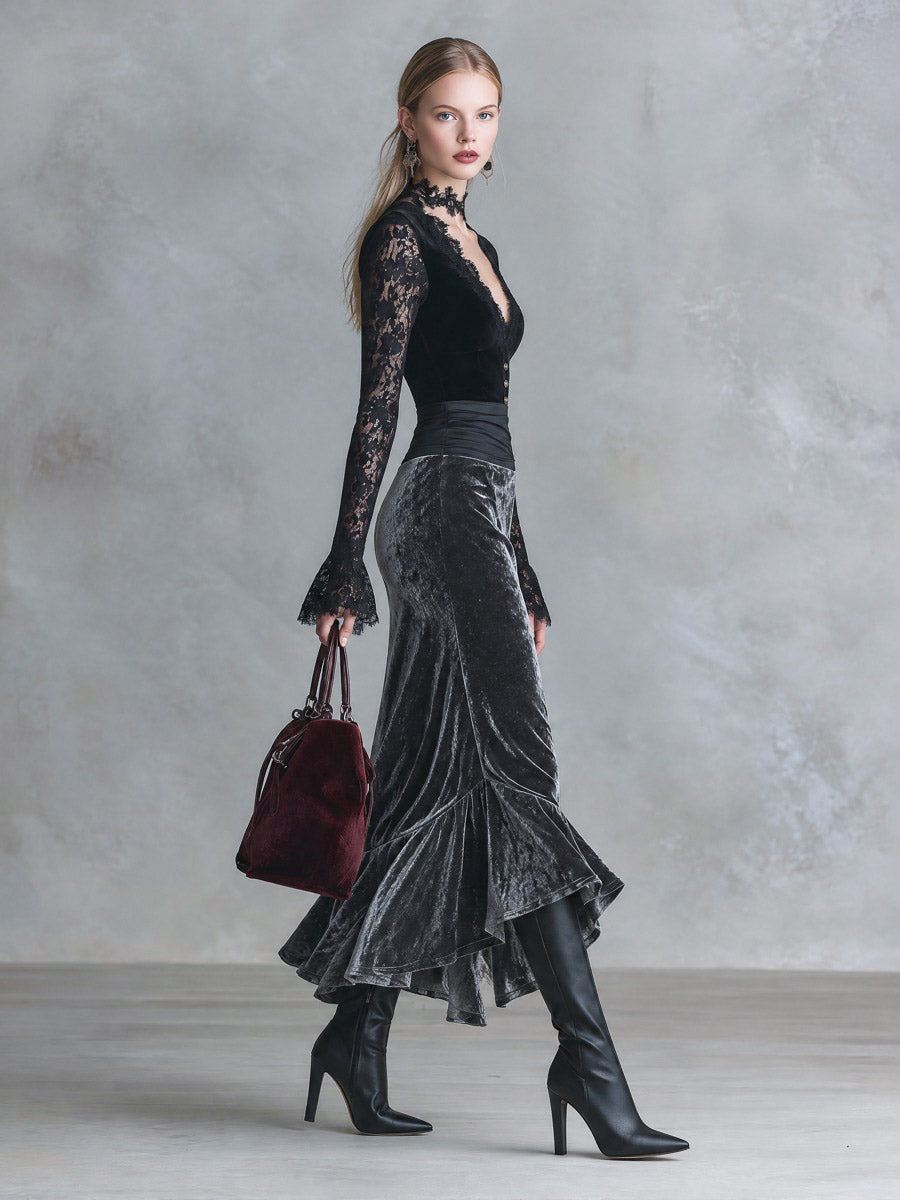 Elegant Party Black Lace And Grey Velvet Patchwork Maxi Dress - By Qivii