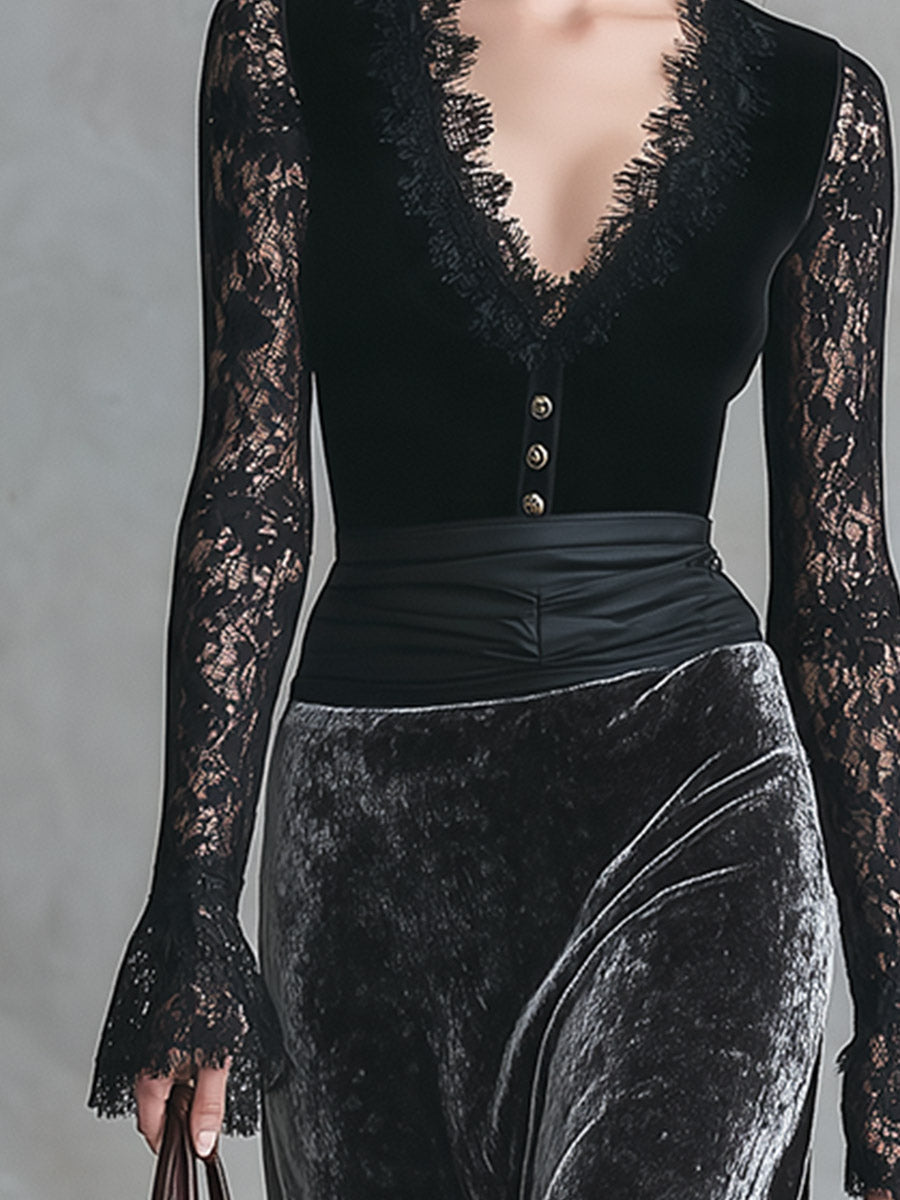 Elegant Party Black Lace And Grey Velvet Patchwork Maxi Dress - By Qivii