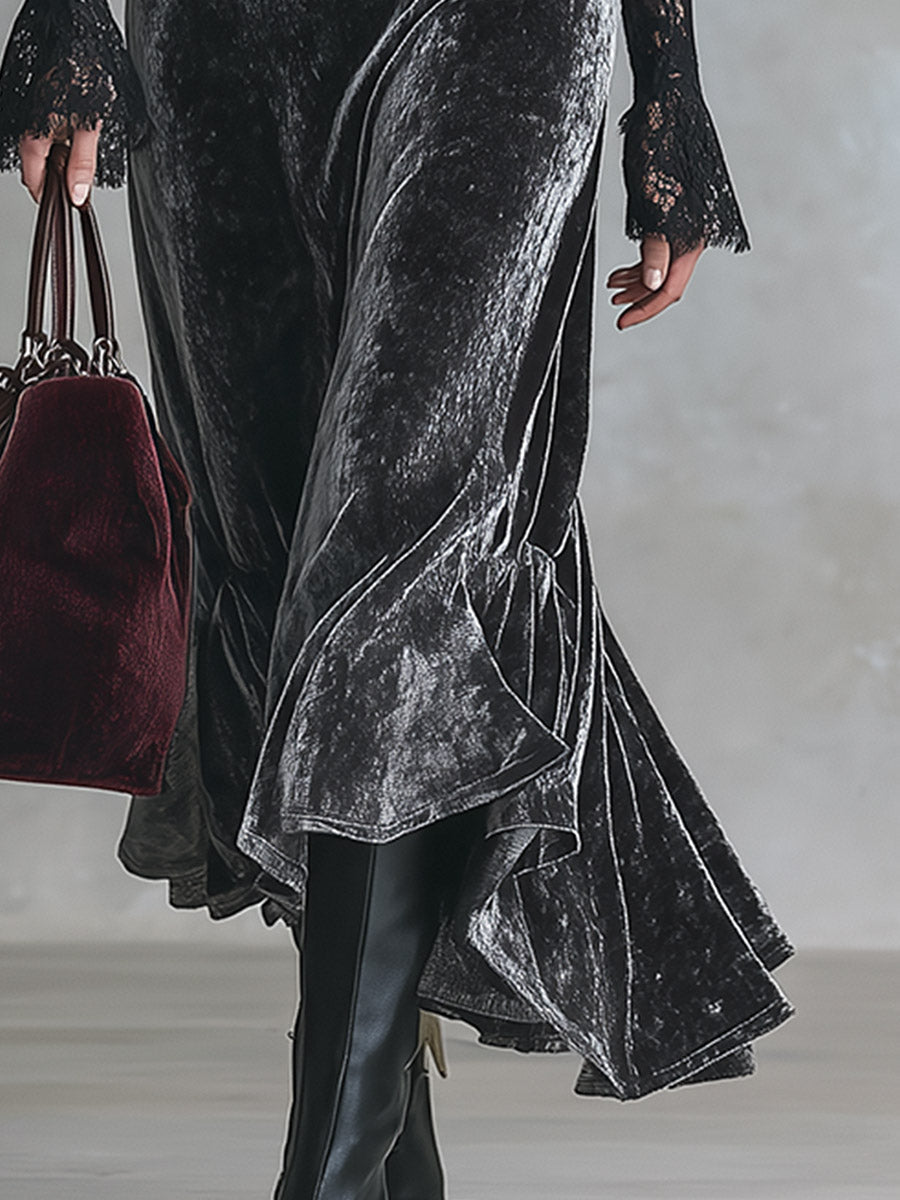 Elegant Party Black Lace And Grey Velvet Patchwork Maxi Dress - By Qivii