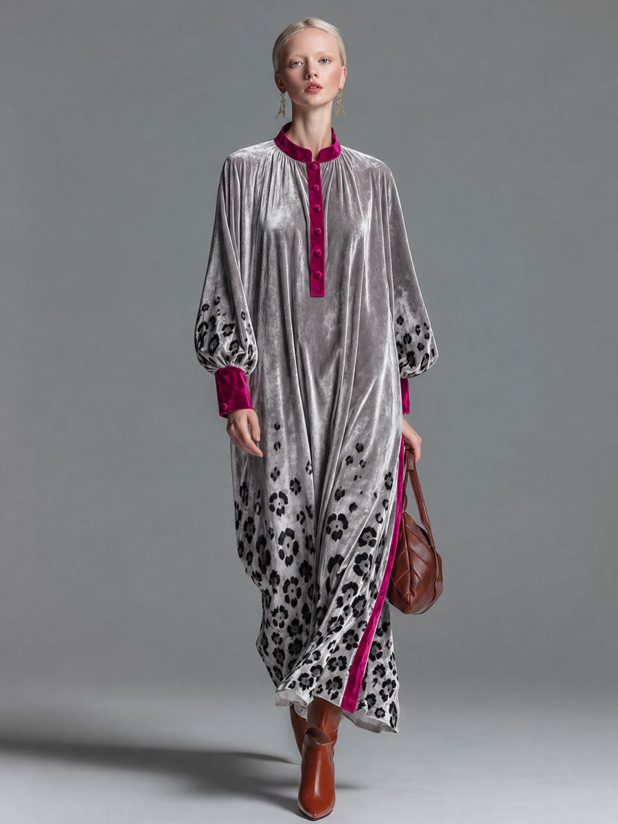 Retro Chic Color-blocked Trim And Leopard Print Silver Henley Collar Velvet Maxi Dress - By Qivii