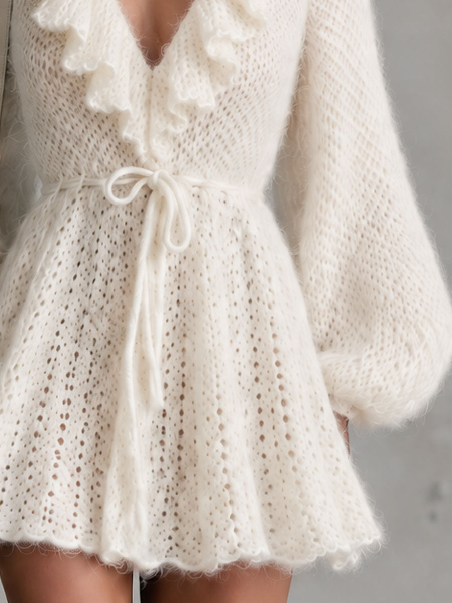 Retro Elegant Waist-tie Off-white Ruffled V-neck Knit Mini Dress - By Qivii