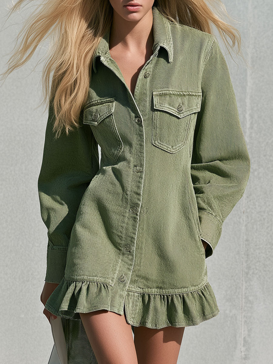 Vintage faded green denim long-sleeved ruffle mini dress by Oyrosy Clothing, featuring a fitted silhouette and ruffle details.