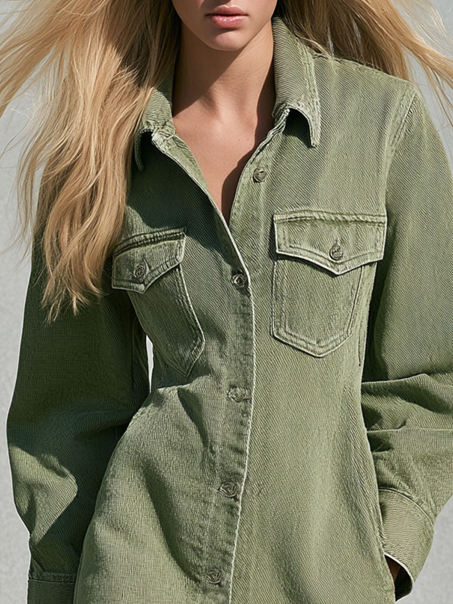 Vintage faded green denim long-sleeved ruffle mini dress for women by Oyrosy Clothing, featuring a stylish casual design.