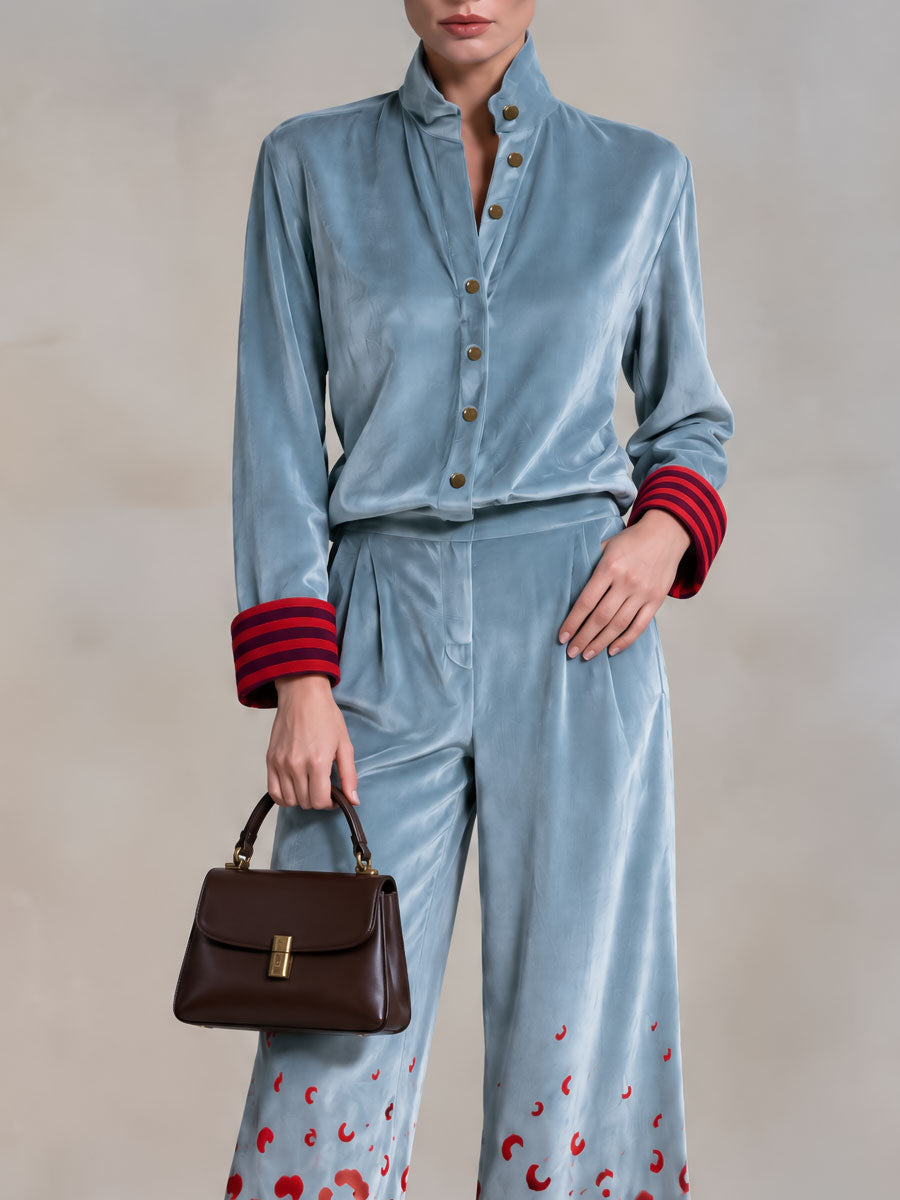 Retro-elegant Color-blocked Striped And Leopard Print Blue Velvet Shirt And Trousers Set - By Qivii