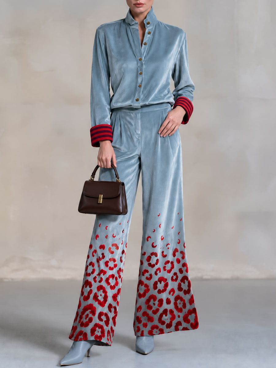 Retro-elegant Color-blocked Striped And Leopard Print Blue Velvet Shirt And Trousers Set - By Qivii