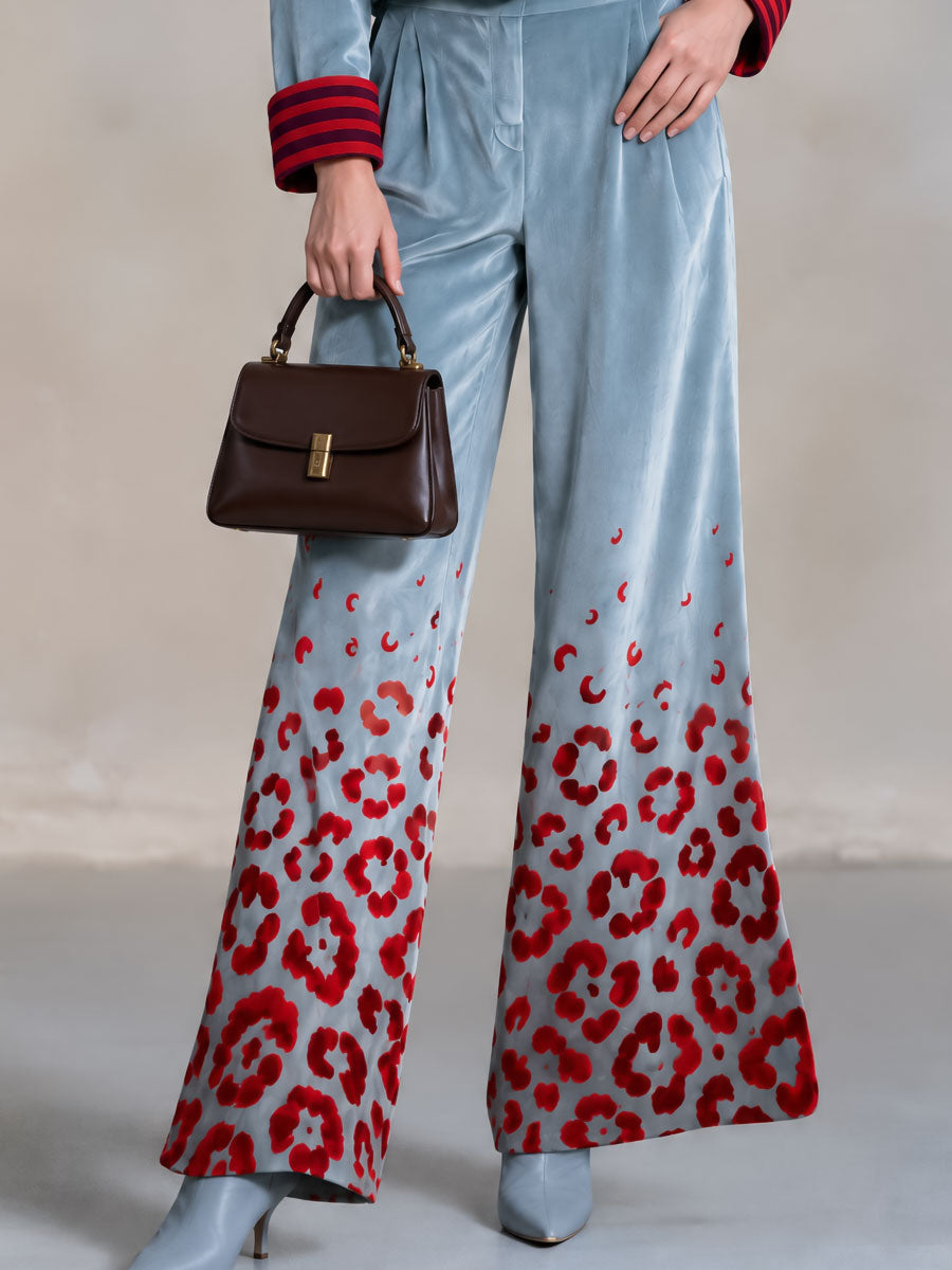 Retro-elegant Color-blocked Striped And Leopard Print Blue Velvet Shirt And Trousers Set - By Qivii