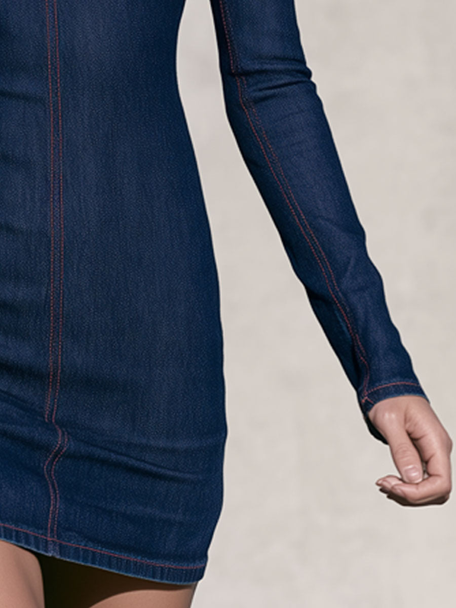 Simple Red And Dark Blue Denim Turtleneck Long-sleeved Mini Dress - By Qivii