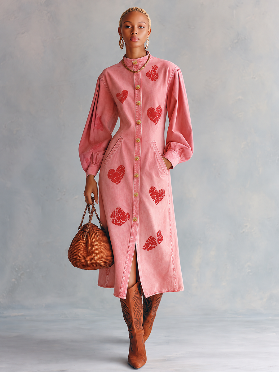 Romantic Western Pink Heart Print Puff Sleeve Button Front Denim Midi Dress - By Qivii