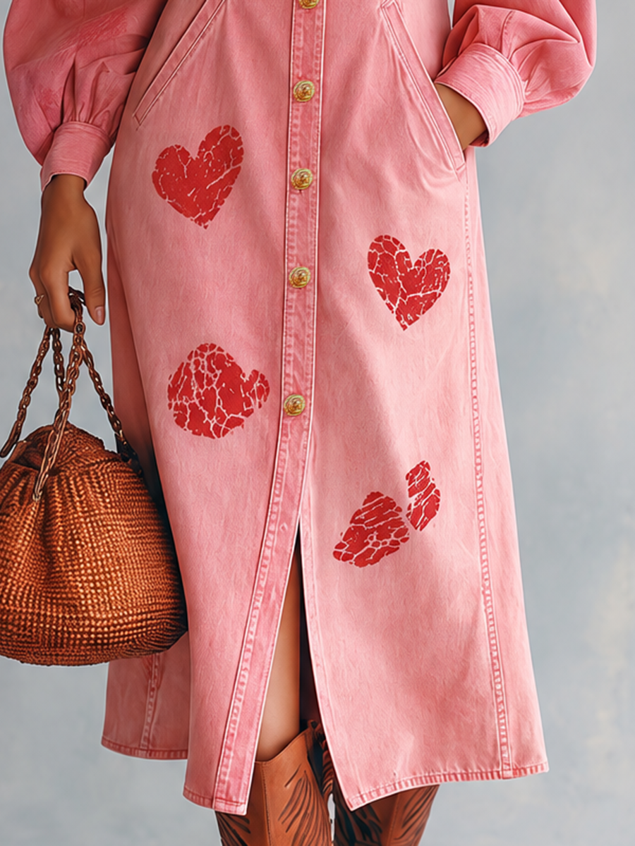 Romantic Western Pink Heart Print Puff Sleeve Button Front Denim Midi Dress - By Qivii