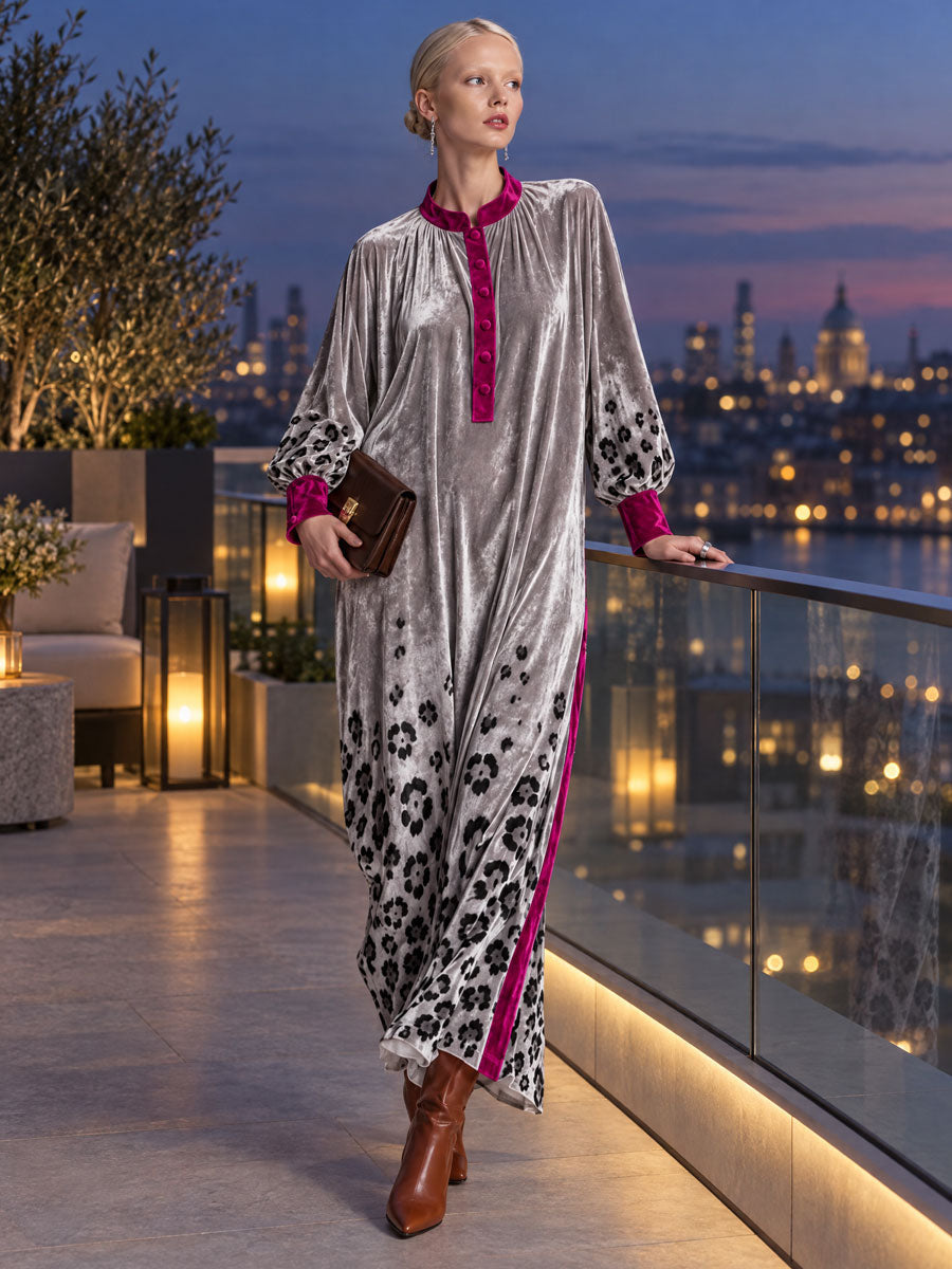 Retro Chic Color-blocked Trim And Leopard Print Silver Henley Collar Velvet Maxi Dress - By Qivii