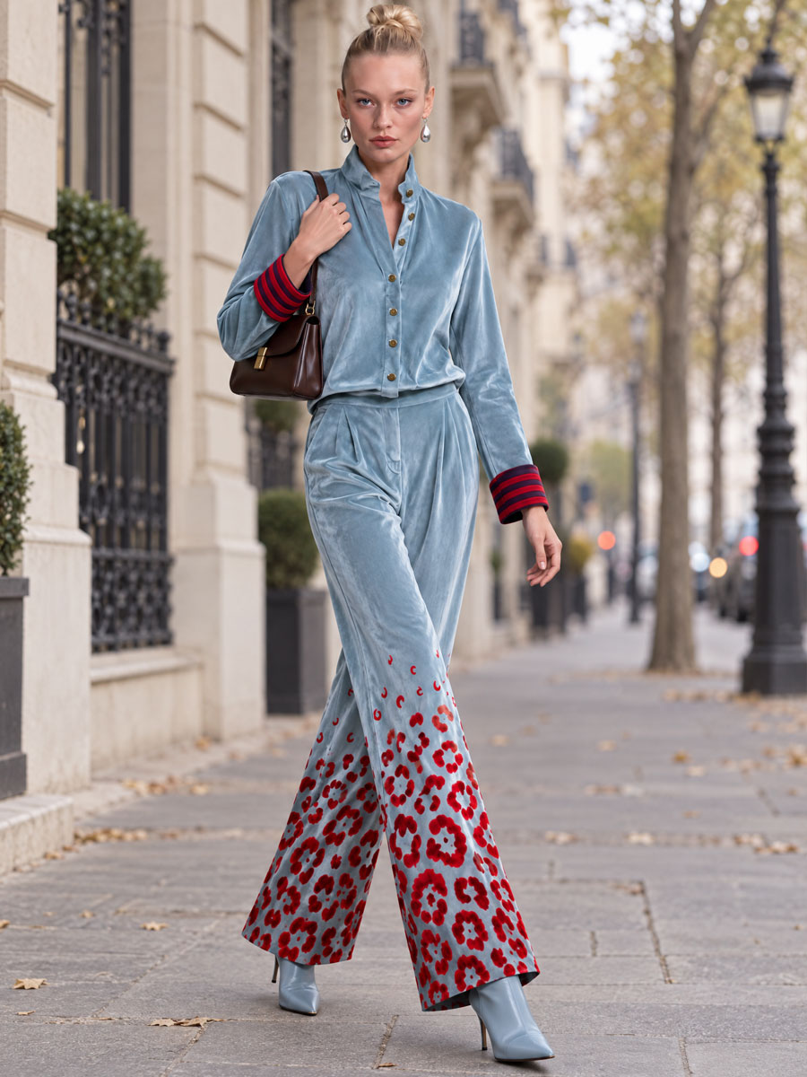 Retro-elegant Color-blocked Striped And Leopard Print Blue Velvet Shirt And Trousers Set - By Qivii
