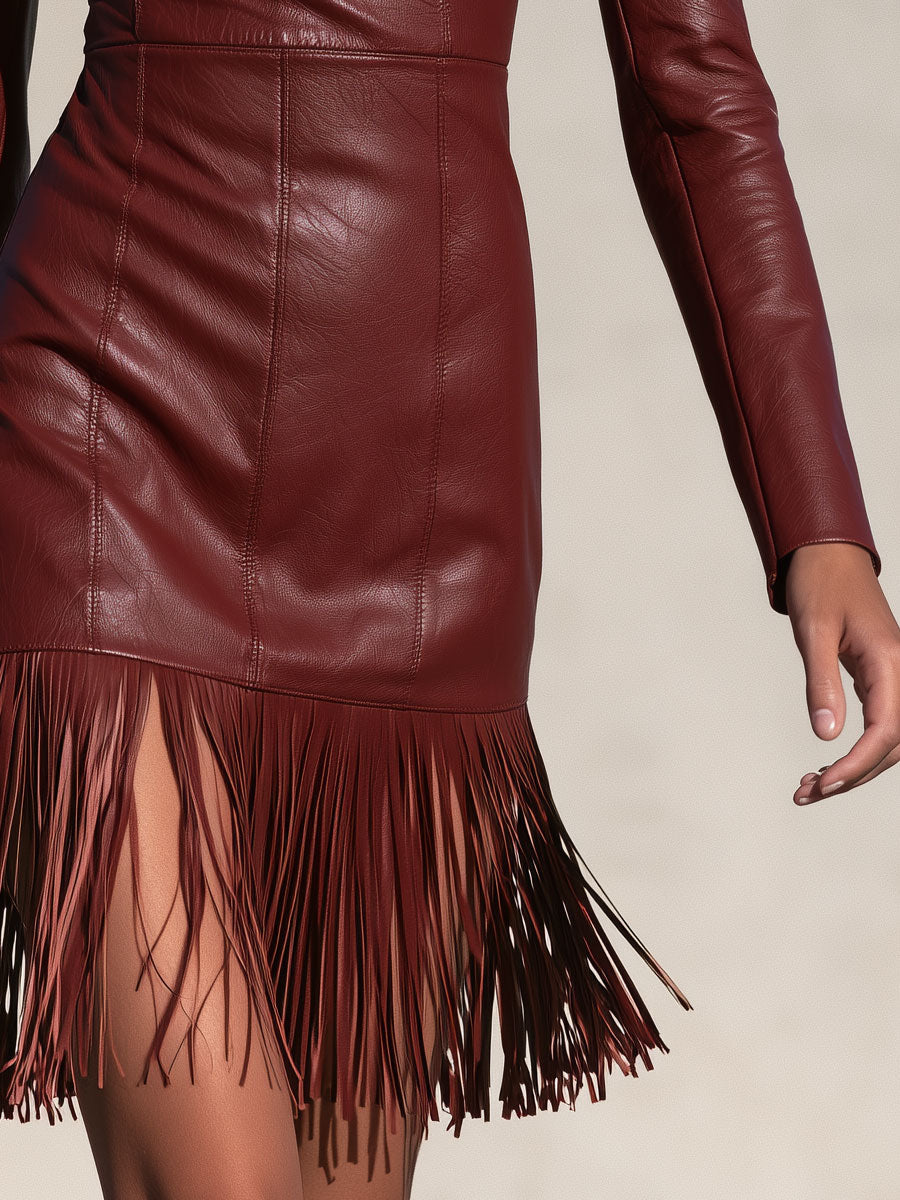 Women's burgundy PU mini dress with half-zip and tassel details by Oyrosy Clothing, featuring a stylish, fitted silhouette.