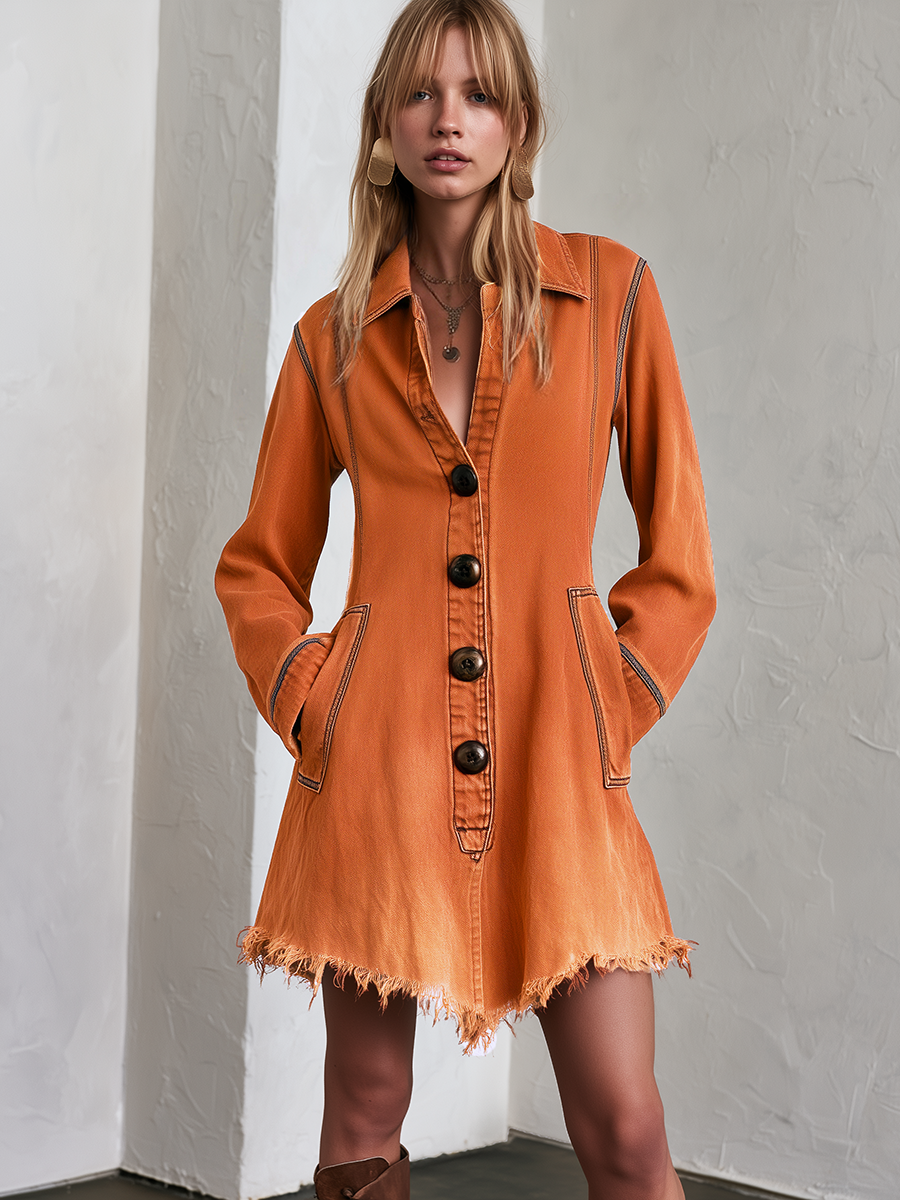 Retro Boho Burnt Orange Frayed Hem Button Front Denim Mini Dress - By Qivii