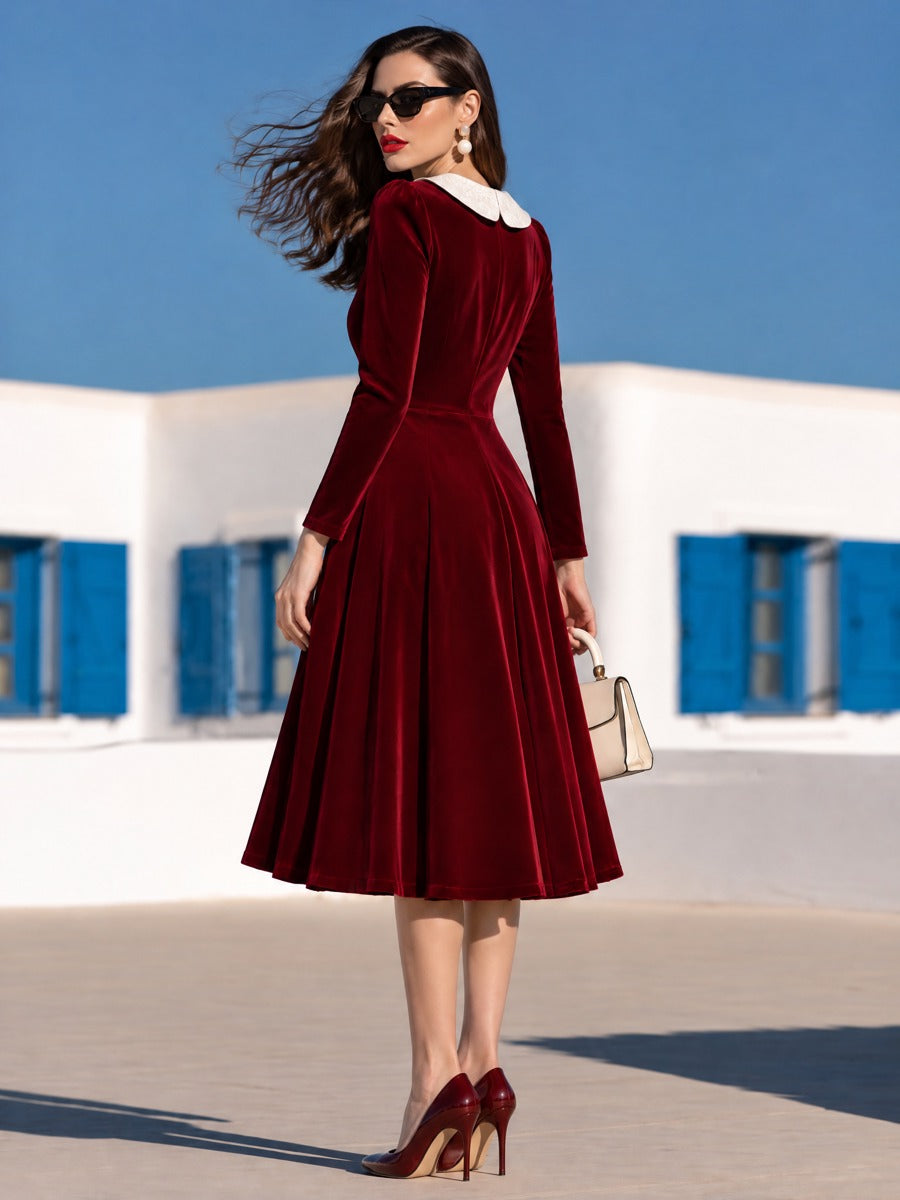 Women's Fashion Lace Collar Red Velvet A-line Midi Dress - By Qivii