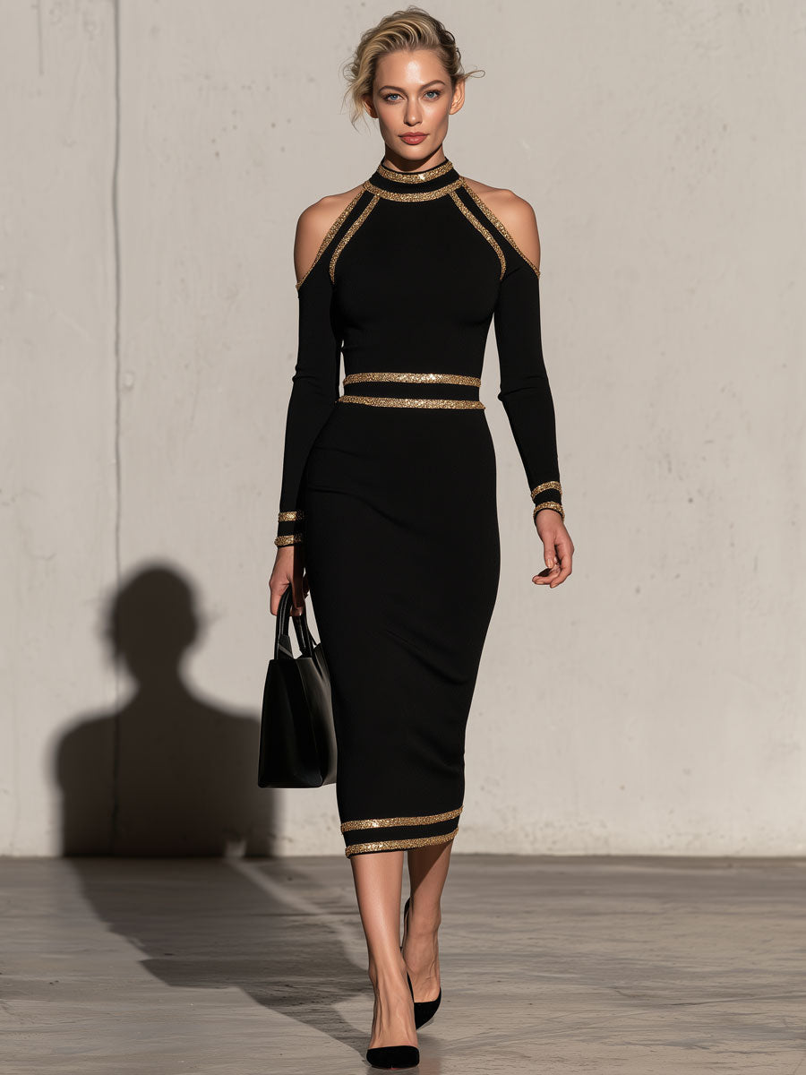 Elegant And Sophisticated Black High-neck Off-shoulder Long-sleeved Midi Dress - By Qivii