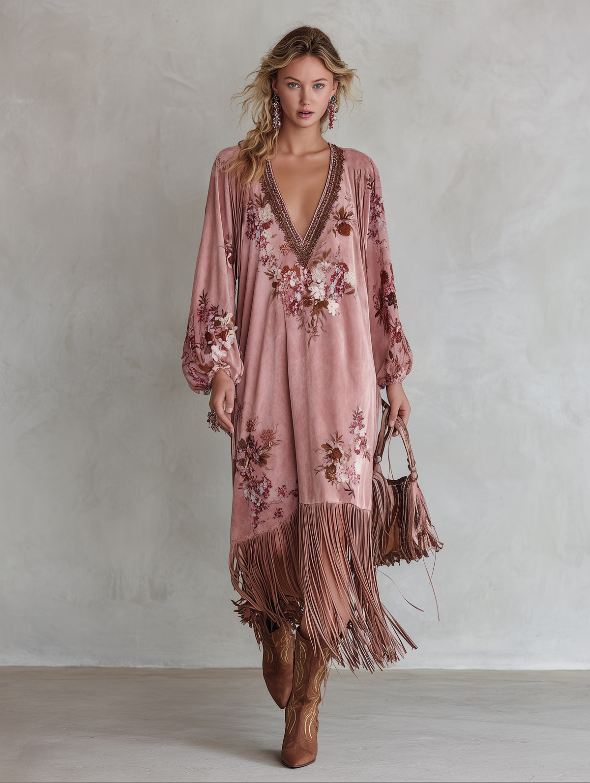 Vintage-style Fringed-hem Pink Floral-print Faux-suede Maxi Dress - By Qivii