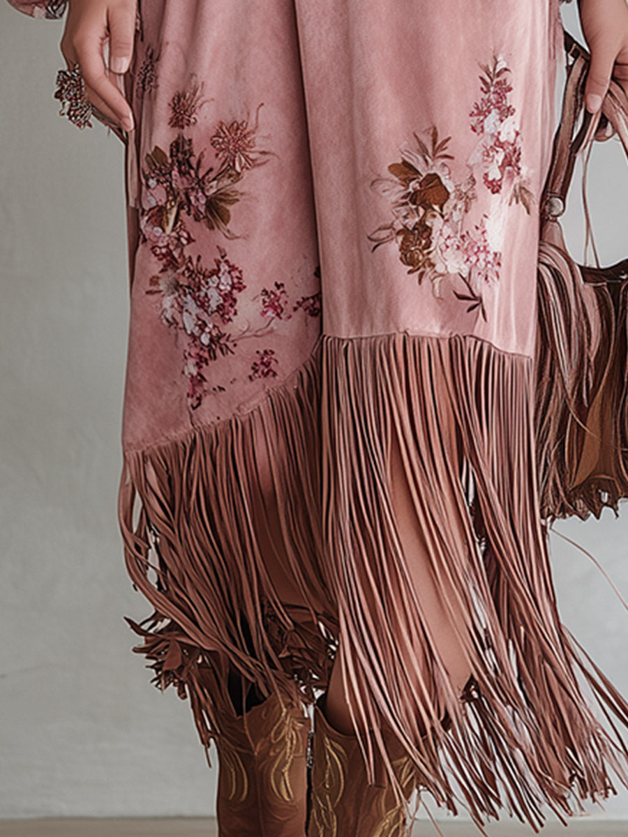 Vintage-style Fringed-hem Pink Floral-print Faux-suede Maxi Dress - By Qivii