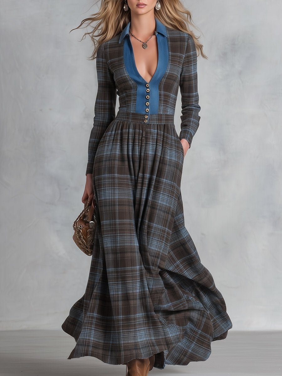 Vintage-Style Denim-Trimmed Brown and Blue Plaid Maxi Dress - By Qivii