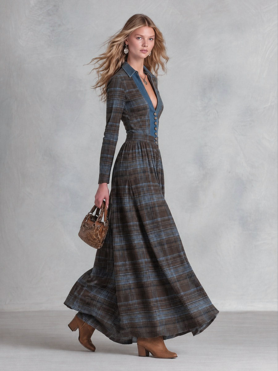 Vintage-Style Denim-Trimmed Brown and Blue Plaid Maxi Dress - By Qivii